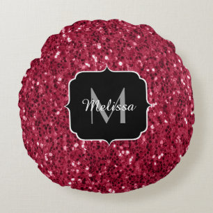 Coussins Ronds Faux paillettes magenta rouge rose foncé Monogramm