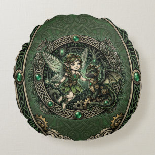 Coussins Ronds Fée émeraude celtique et dragon – Fantaisie enchan
