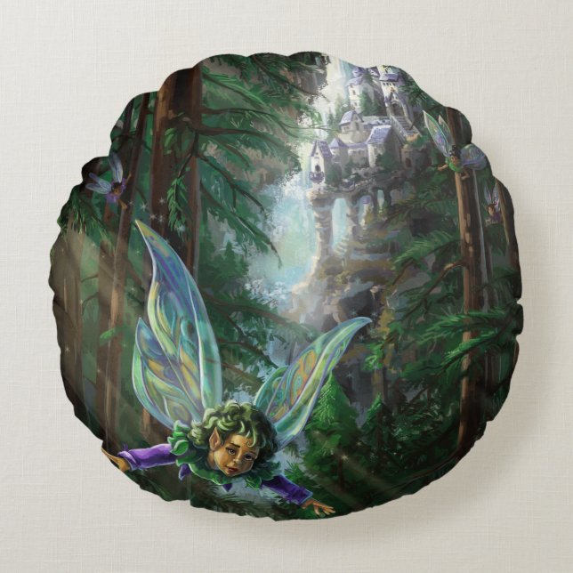 Coussins Ronds Fées de la forêt et château de la cascade (Devant)