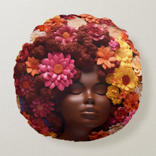 Coussins Ronds Femme afro-américaine Reine noire Melanin Poppin