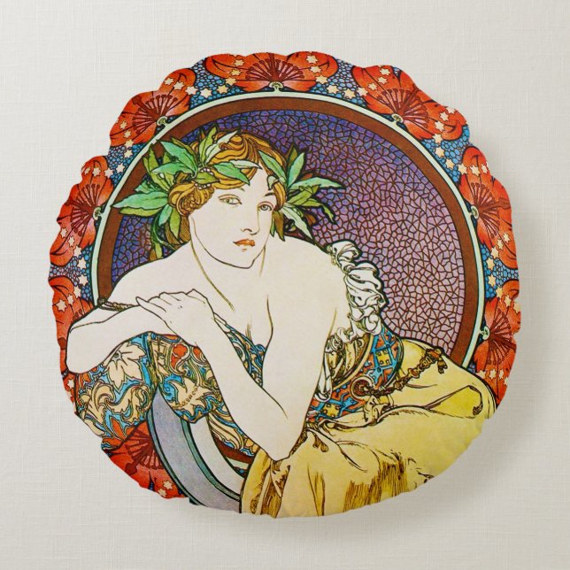 Coussins Ronds Femme avec coquelicot, Alphonse Mucha Jeu d'oreill (Devant)