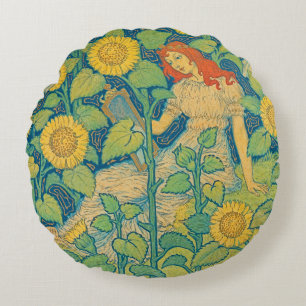 Coussins Ronds Femme-fille de fleurs dans le jardin de tournesol