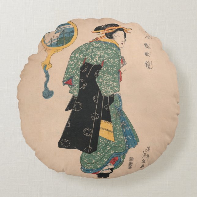 Coussins Ronds Femme japonaise Kimono : Ukiyo-e Woodblock Imprime (Devant)