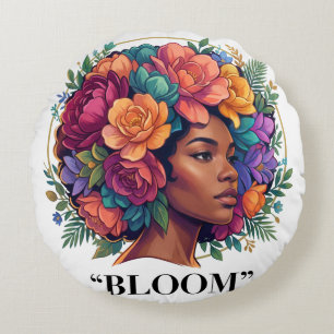 Coussins Ronds Femme noire inspirante Bloom Fleur Afro
