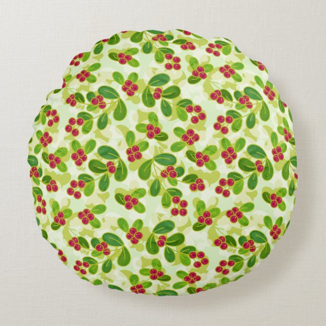 Coussins Ronds Festive Motif de fruits de canneberge, vert (Devant)