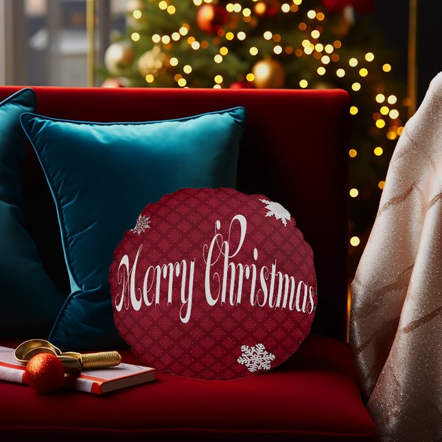 Coussins Ronds Festive Rouge Joyeux Noël Embellisté (Merry Christmas Round Embellished Script Holiday Decorative Pillow
)
