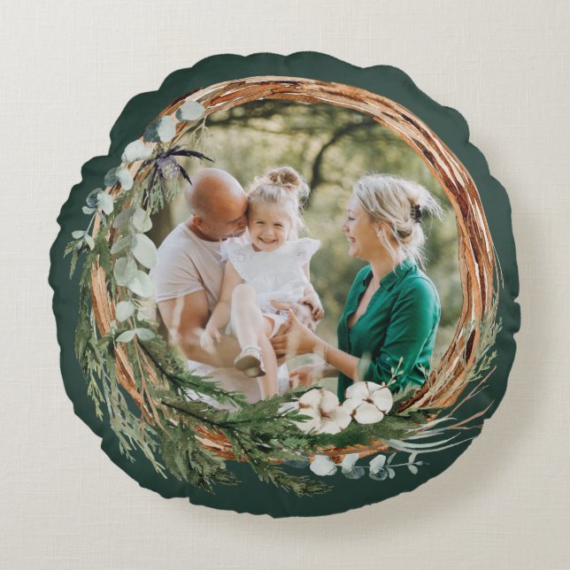 Coussins Ronds Feuillage moderne avec couronne photo vert de Noël (Devant)