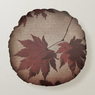 Coussins Ronds Feuille d'érable japonaise et script brun rouge
