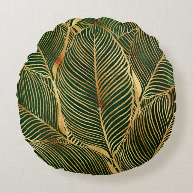 Coussins Ronds Feuille d'or Forêt verte Élégant Motif (Devant)
