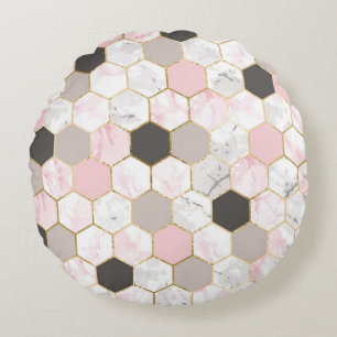 Coussins Ronds Feuille d'or géométrique, motif hexagone en marbre