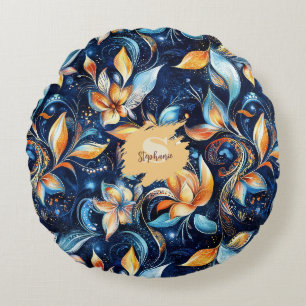 Coussins Ronds Feuilles Abstraits de marguerite bleu et or (2)