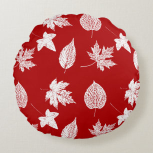 Coussins Ronds Feuilles d'automne - blanc et rouge foncé