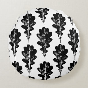 Coussins Ronds Feuilles de chêne noir et blanc Motif d'impression
