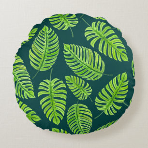 Coussins Ronds Feuilles de Monstera, motif d'aquarelle tropicale