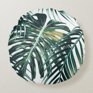 Coussins Ronds Feuilles de palmiers tropicaux, feuilles de jungle