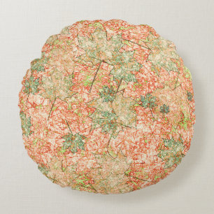 Coussins Ronds Feuilles d'érable abstraites sur fond corail rayé