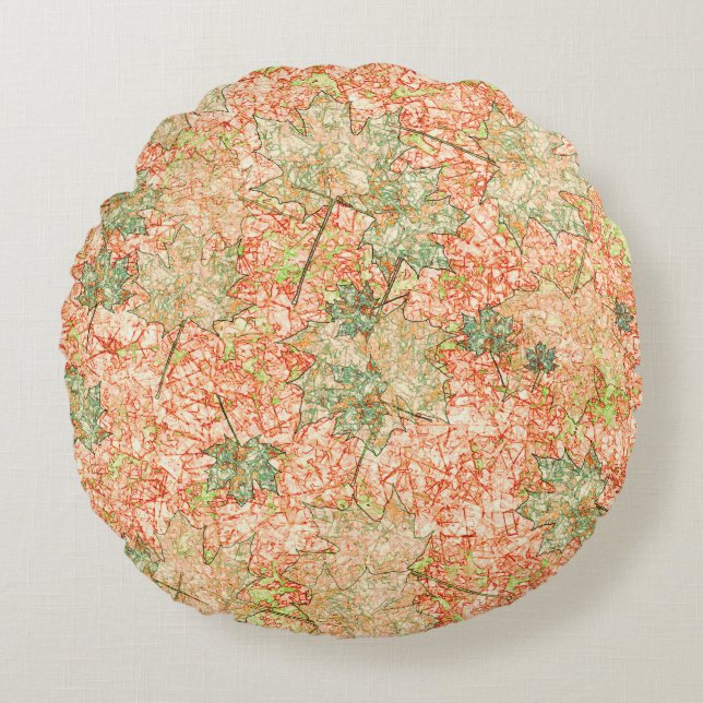 Coussins Ronds Feuilles d'érable abstraites sur fond corail rayé (Devant)