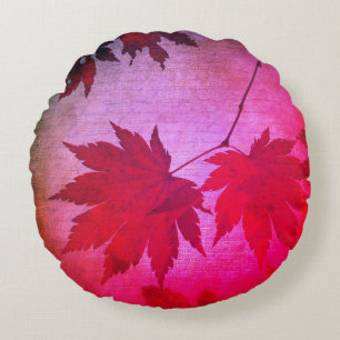 Coussins Ronds Feuilles d'érable japonais et script automne rose