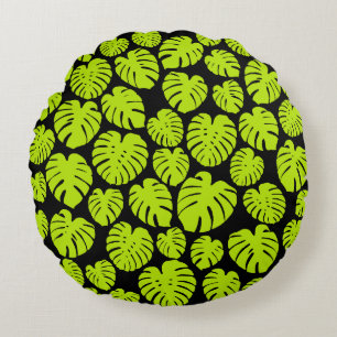 Coussins Ronds Feuilles Monstera en Lime Vert et noir