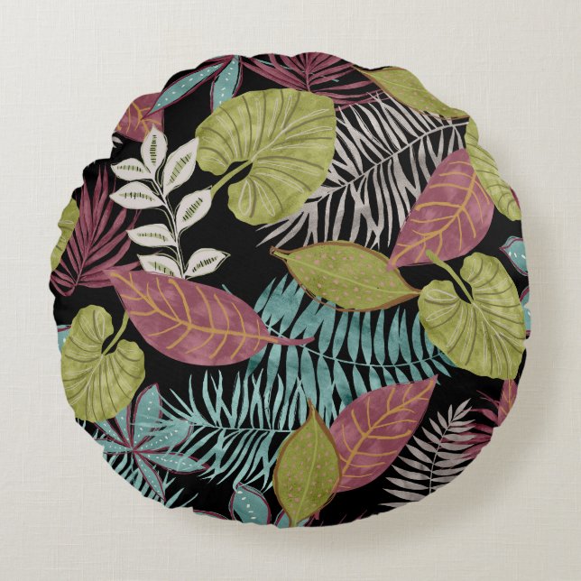 Coussins Ronds Feuilles sombres tropicaux : Motif textile (Devant)
