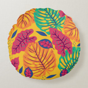 Coussins Ronds Feuilles tropicaux : arrière - plan jaune vintage