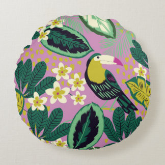 Coussins Ronds Feuilles tropicaux, fleurs et toucan oiseau transp