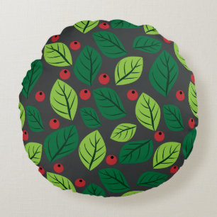 Coussins Ronds Feuilles verts, Berries Rouges, Motif Des Feuilles