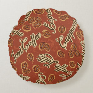 Coussins Ronds Fèves de café : typographie motif vintage.