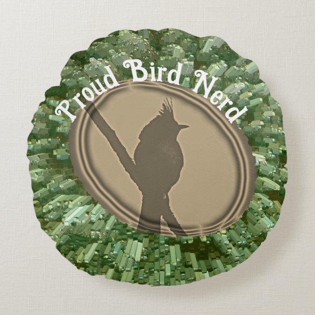 Coussins Ronds Fier Oiseau Nerd Silhouette Brown Oiseau vert (Devant)