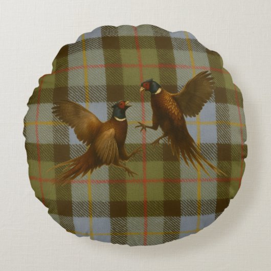 Coussins Ronds Fighting Pheasants on tweed / tartan background  (Devant)