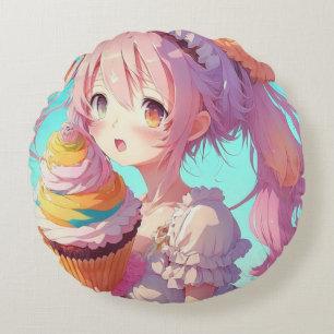 Coussins Ronds Fille Anime avec Cupcake Whimsical