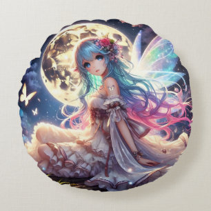 Coussins Ronds Fille Anime Princesse Fée de la Lune dans un Jardi