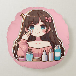 Coussins Ronds Fille appliquant des soins skincare art mignon des