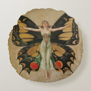Coussins Ronds Fille au papillon de Leyendecker Art Déco vintage