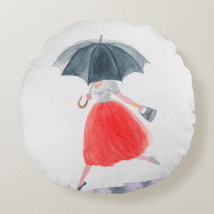 Coussins Ronds Fille avec parapluie sous la pluie. illustration d