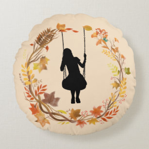 Coussins Ronds Fille d'automne sur graphique à balançoire _Feuill