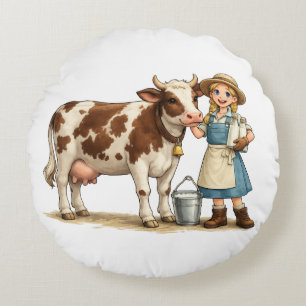 Coussins Ronds Fille de la ferme avec vache, joli art de campagne