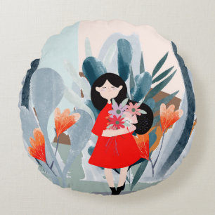 Coussins Ronds Fille en forêt, dessin animé vert nature.