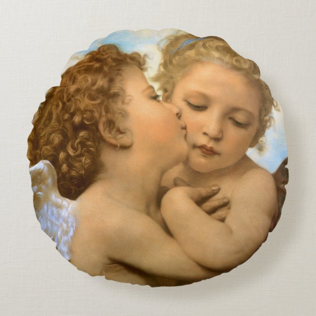Coussins Ronds First Kiss (détail d'ange) par Bouguereau (Devant)