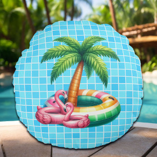 Coussins Ronds Flamant rose de la piscine de palmiers