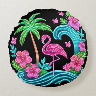 Coussins Ronds Flamant rose de néon tropical