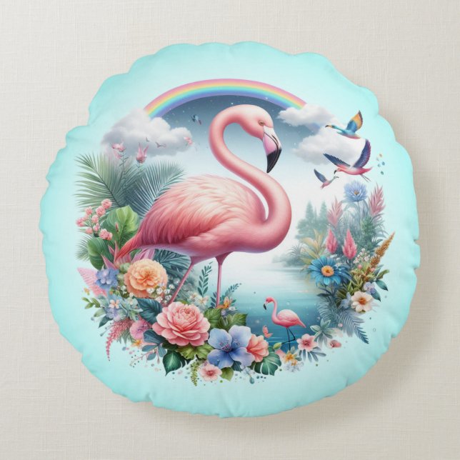 Coussins Ronds Flamant Rose Sublimation (Devant)