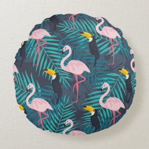 Coussins Ronds Flamant rose, toucan : motif de feuilles tropicale