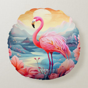 Coussins Ronds Flamant rose tropical aux fleurs