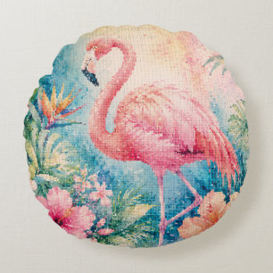 Coussins Ronds Flamant Tropical avec Fleurs d'Hibiscus
