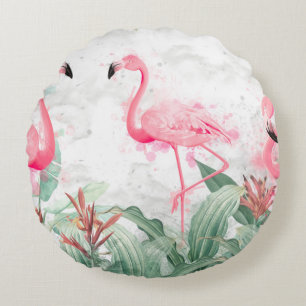 Coussins Ronds flamants roses en plantes tropicaux sur un dos tex