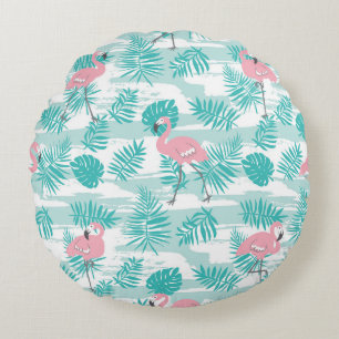 Coussins Ronds flamants roses, feuilles de palmiers verts, tropic