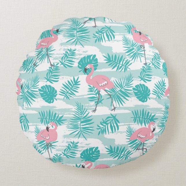 Coussins Ronds flamants roses, feuilles de palmiers verts, tropic (Devant)