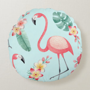 Coussins Ronds Flamants roses Fleurs tropicales Motif aquarelle