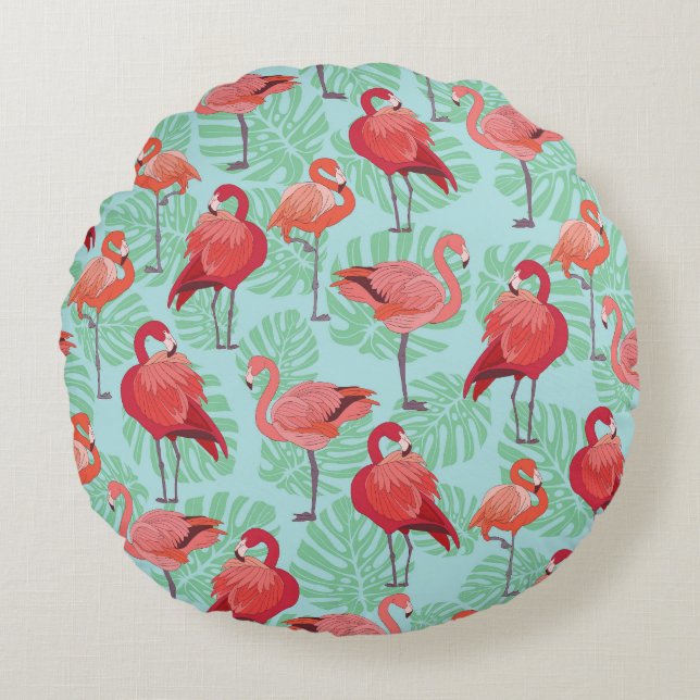 Coussins Ronds Flamants roses roses : Exotic Seamless Motif. (Devant)